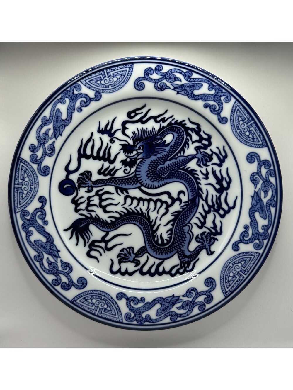 Bombay Asian Garden Dragon Motif Blue & White Porcelain 7 3/4” Salad Plate 001